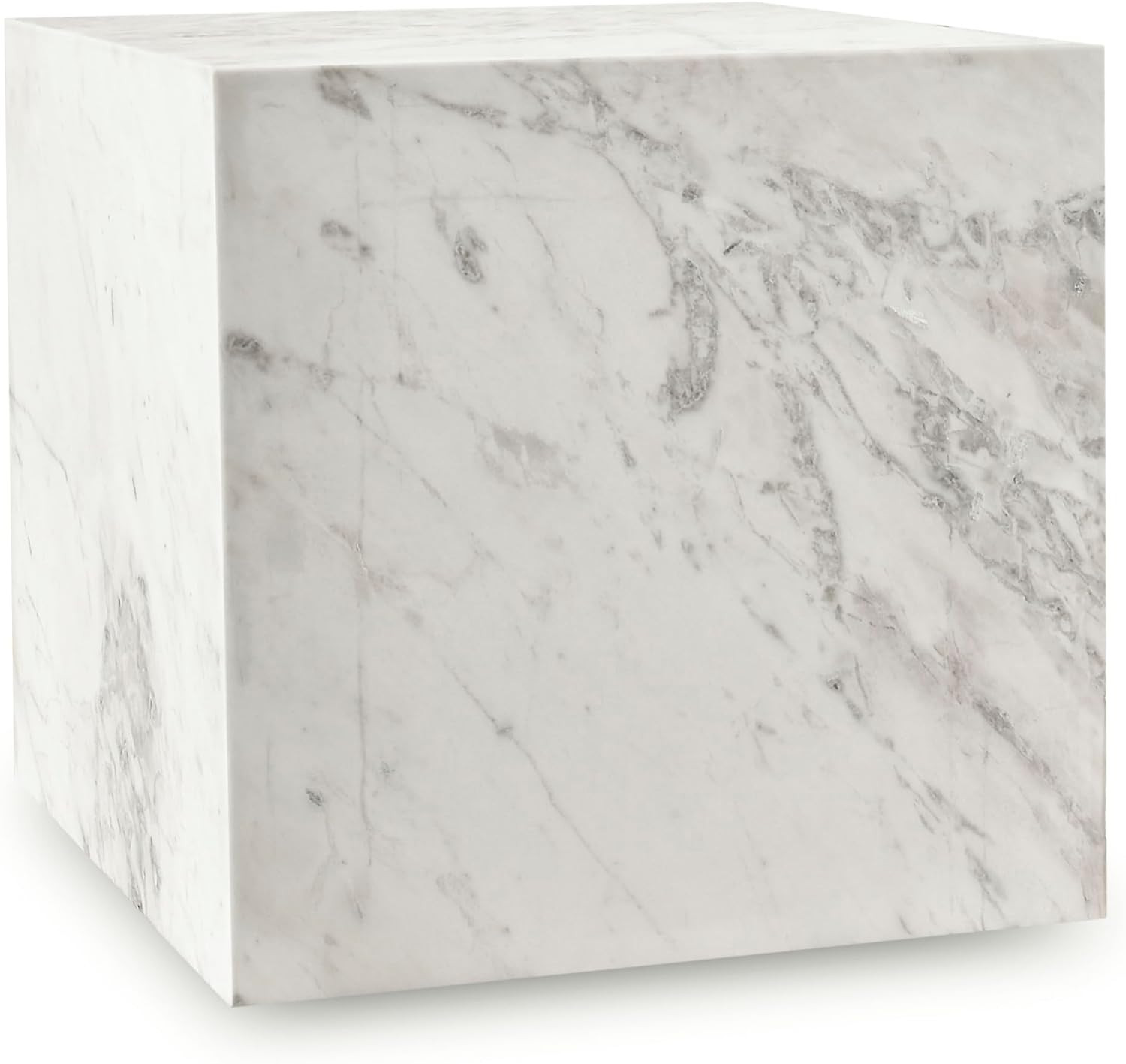 Art Deco White Marble End Table with Grey Veining – 18″ Square