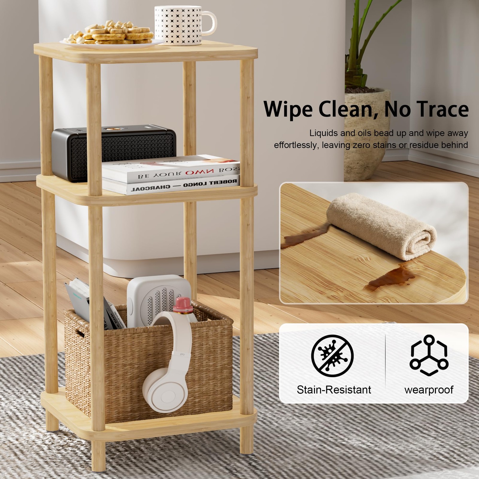SANLUCE Bamboo End Table with Charging Station, Side Table for Small Space, S…