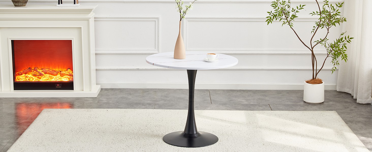 31.5″ Round Tulip Dining Table White MDF Top Metal Pedestal Base