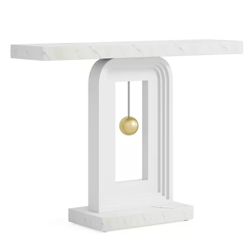 Turrella 39 In. White Rectangle Faux Marble Console Table Modern Sofa Table Narr
