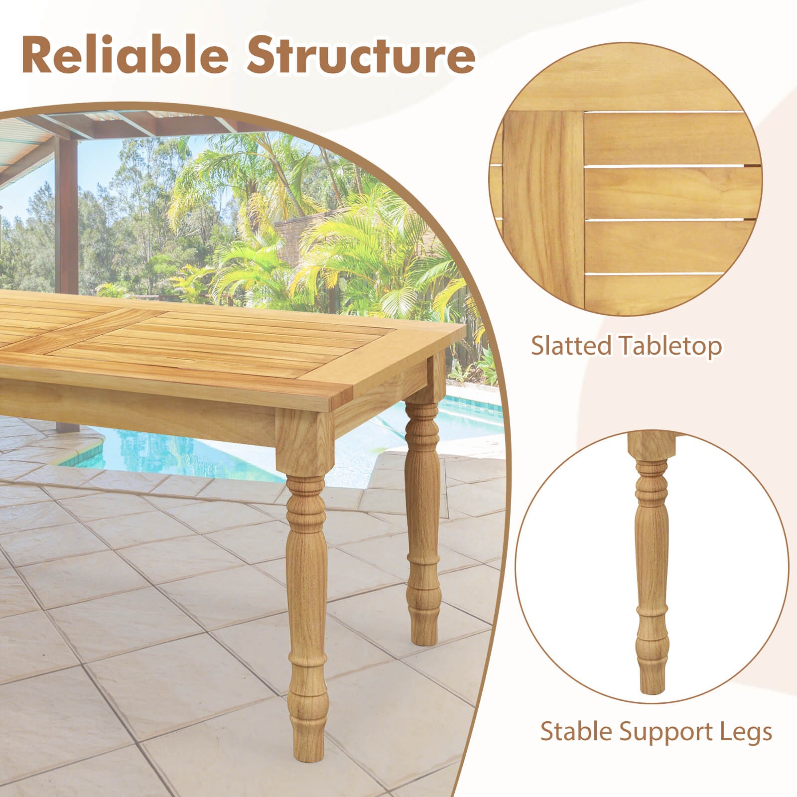 Patio Coffee Table w/ Solid Teak Wood Structure Slatted Tabletop for Backyard