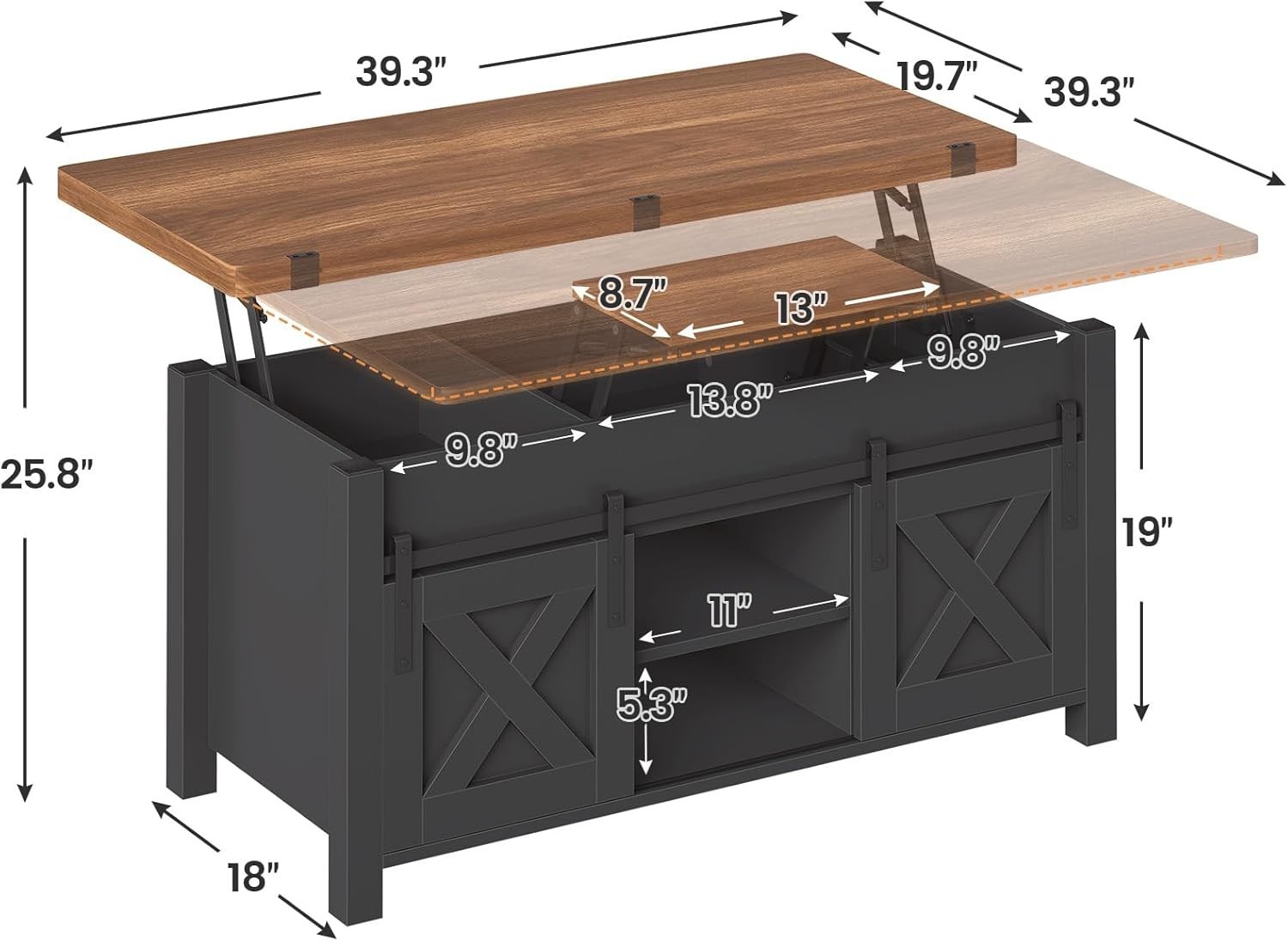 Farmhouse Lift Top Coffee Table, 4 in 1 Convertible Coffee Table with Storage