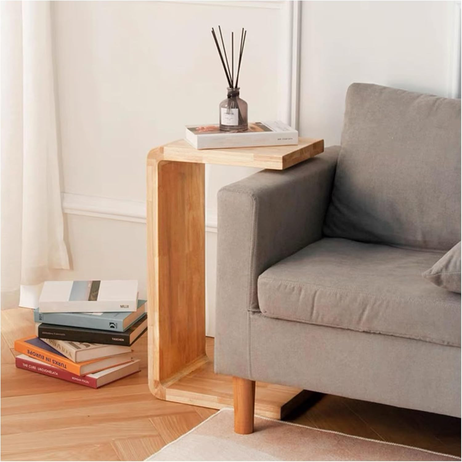 C Shaped Solid Wood End Table – Space-Saving Snack Table for Any Room