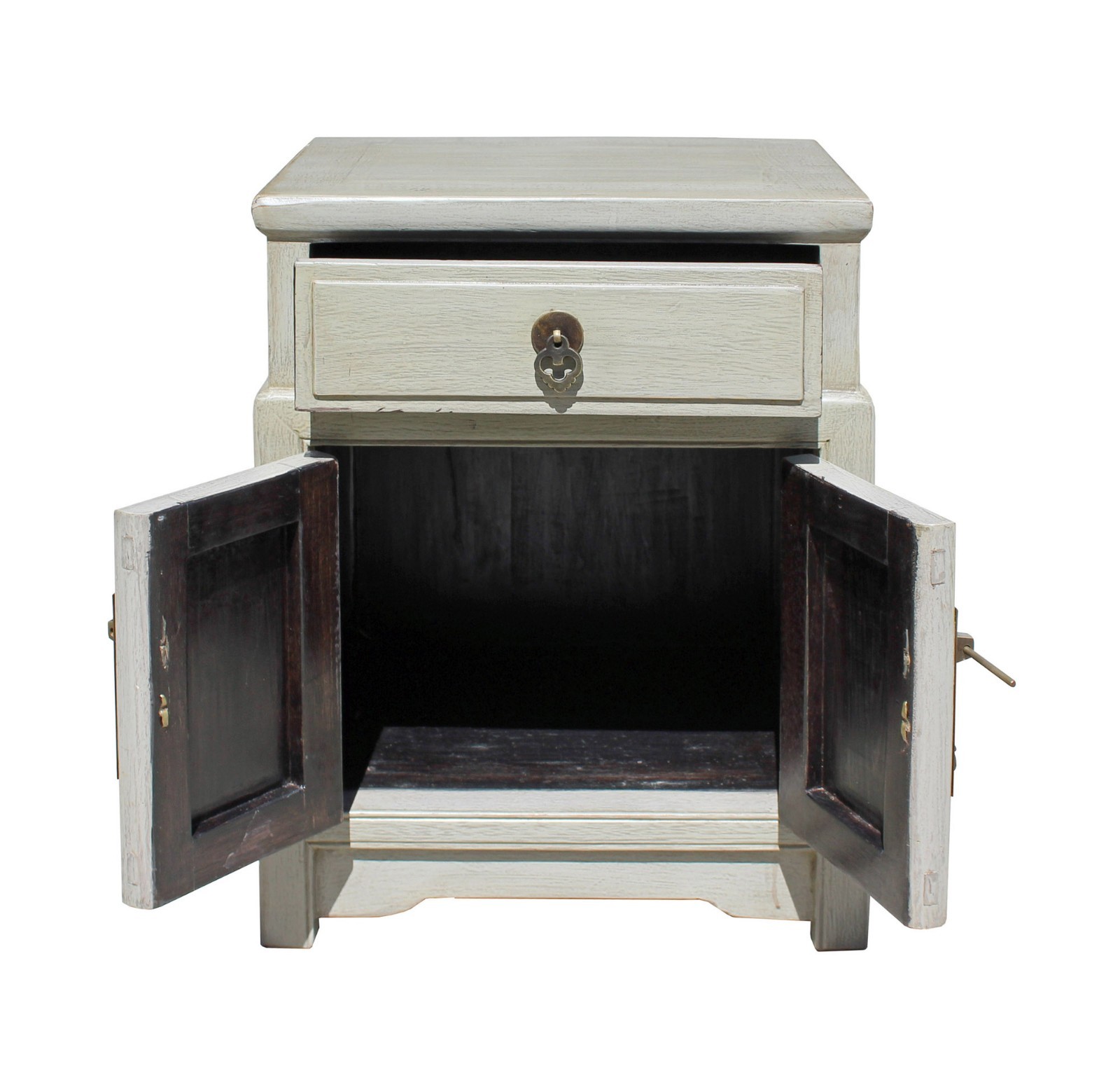 Chinese Distressed Light Gray Metal Hardware End Table Nightstand cs3917