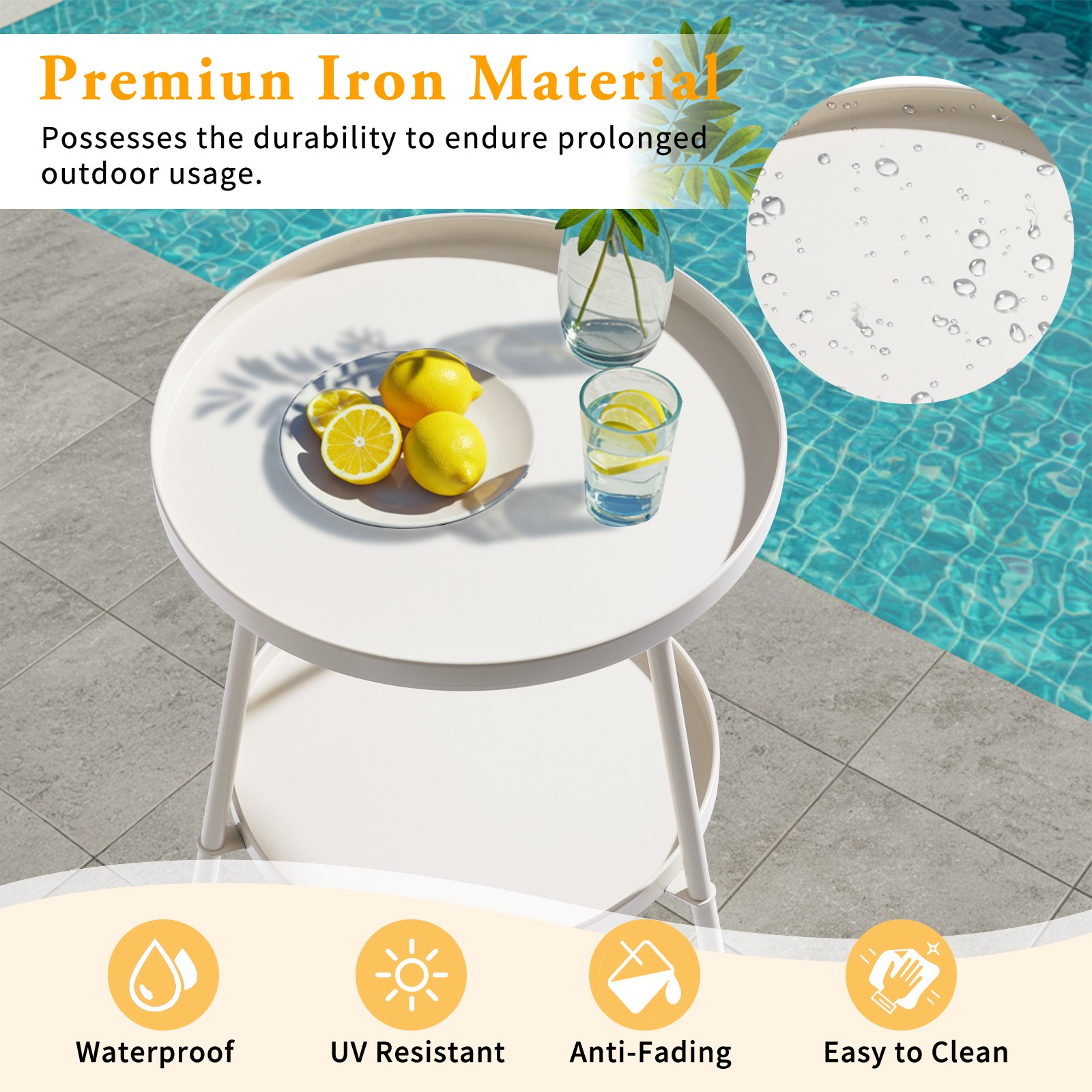 13″ Round Small Side Table, In/Outdoor Metal Coffee Table for Garden Patio