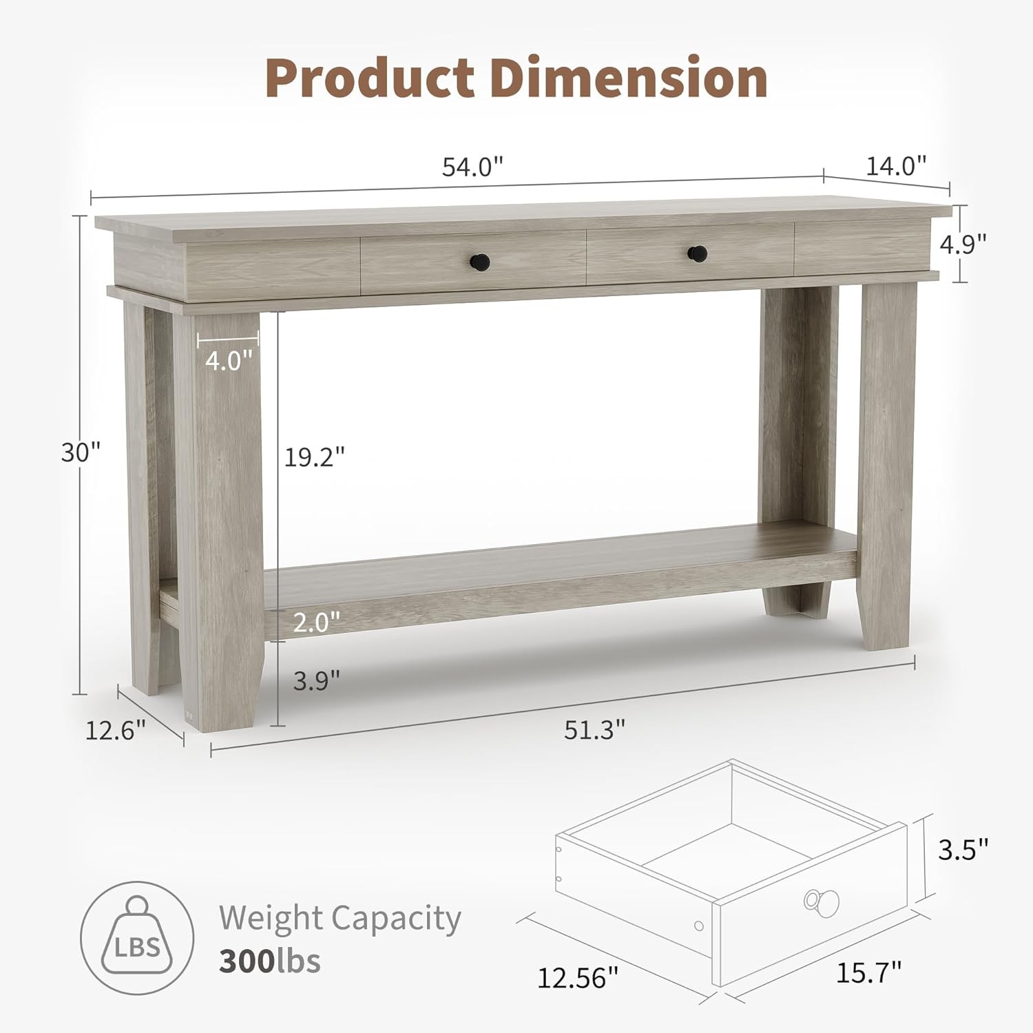 54″ Wooden Console Table, Entryway Table with Drawers & Open Storage Shelf