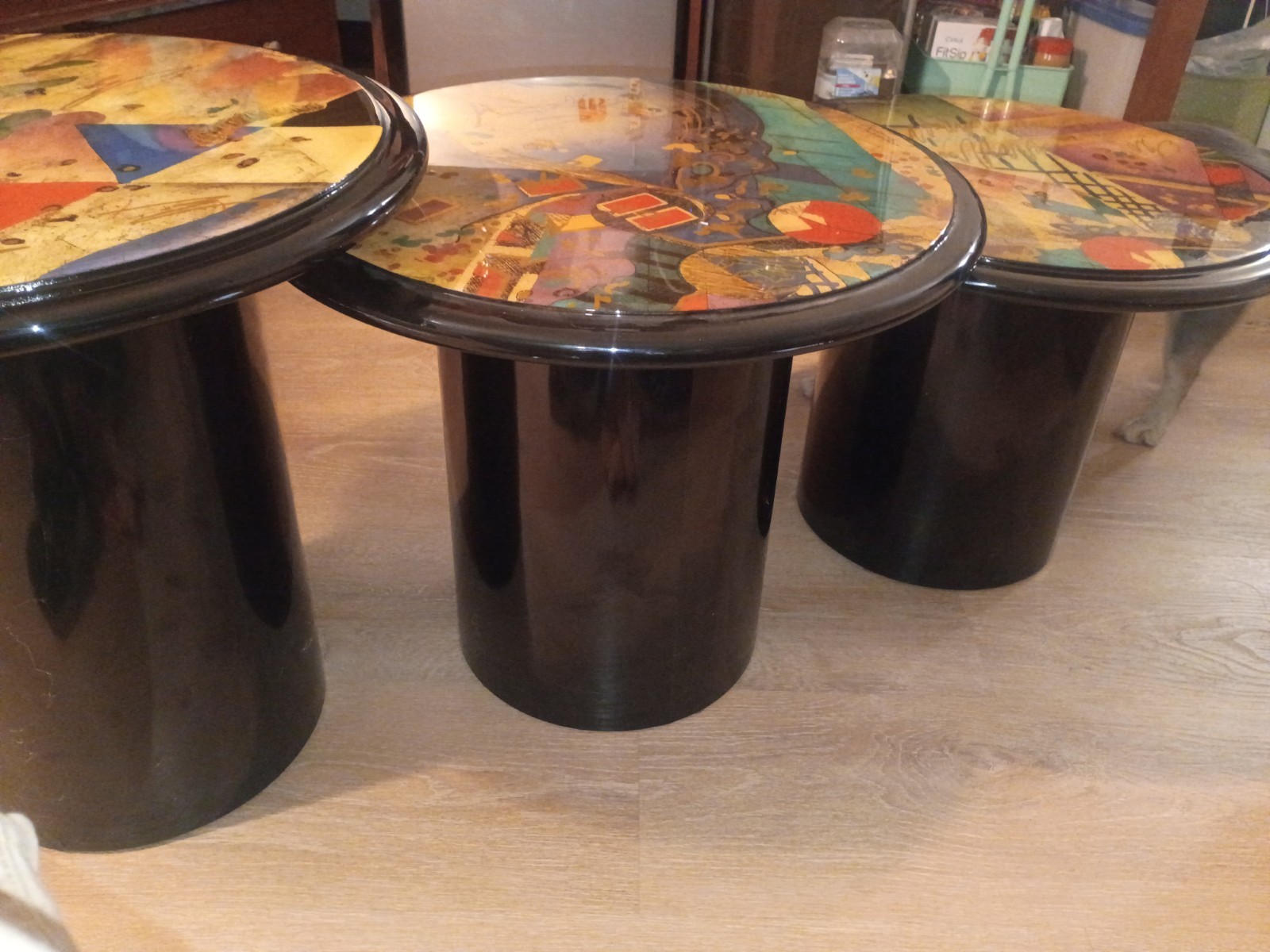 Set of 3 80’s Black Lacquer Mushroom Nesting Tables Abstract Art Tops.