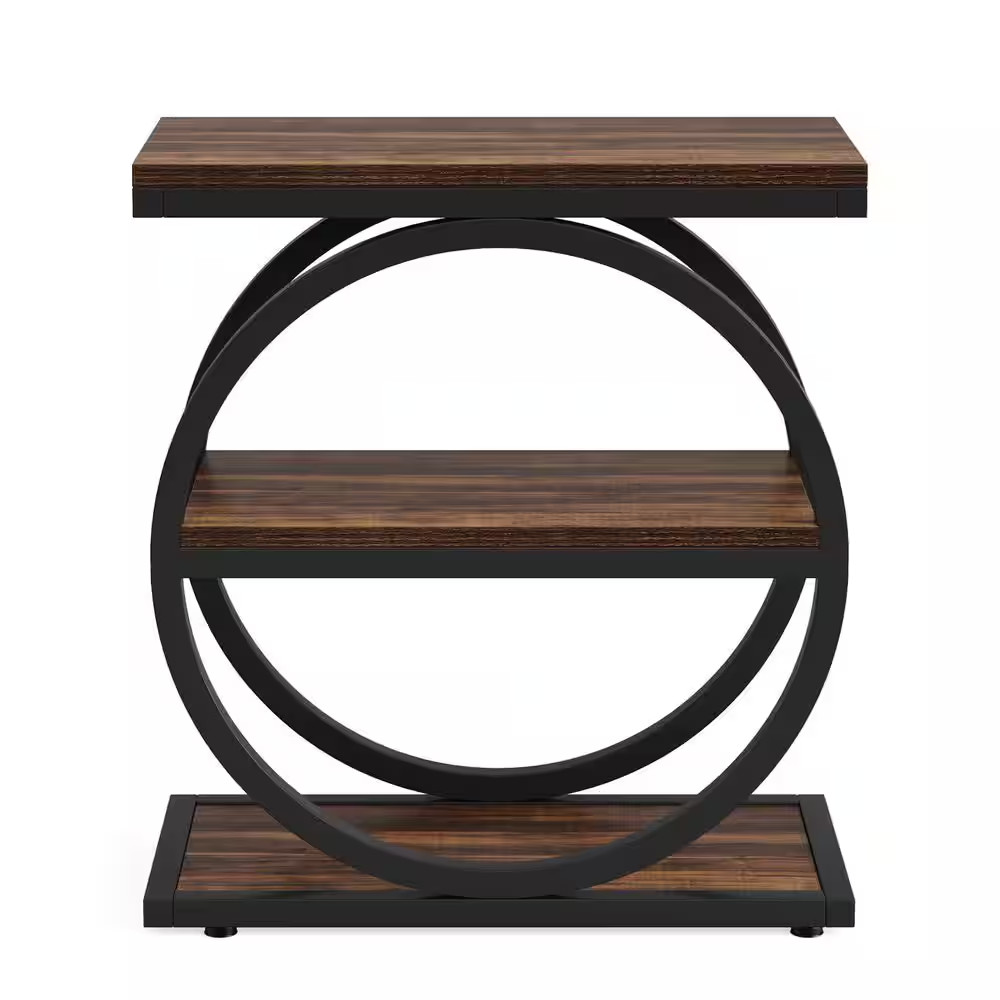 24 In. Dark Brown Rectangle Wood End Table with 3 Tiers Storage Shelves and Adju