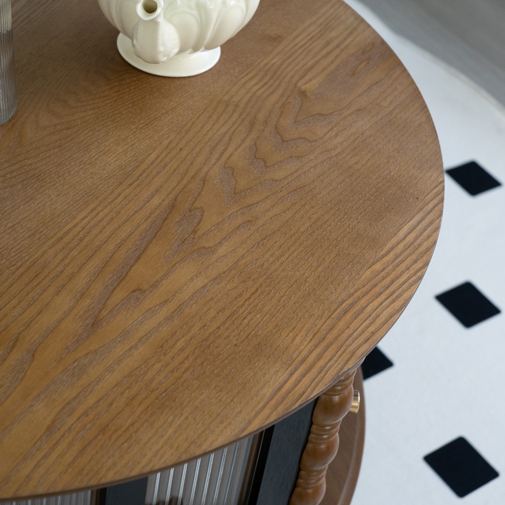 31.5 in Round Three-Door Storage Coffee Table Real Wood Veneer Coffee Table