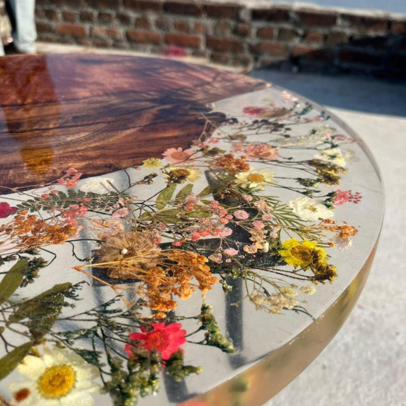 Handmade Resin Coffee Table with Dried Flowers & Teak Wood Free Shipping