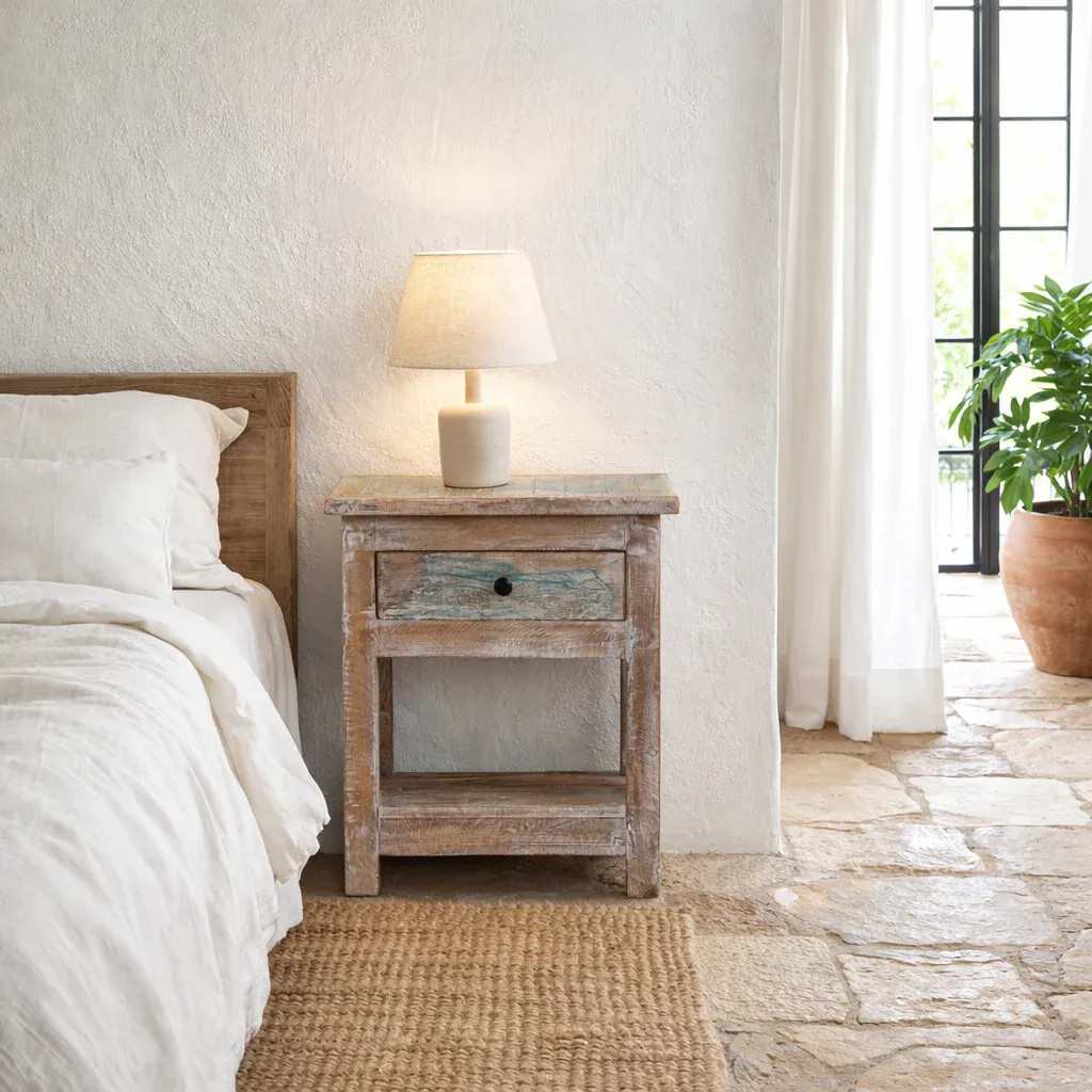 Artisan Handmade Bedside Table Solid Wood Hand Carved 19.7 × 13.8 × 23.6 inches