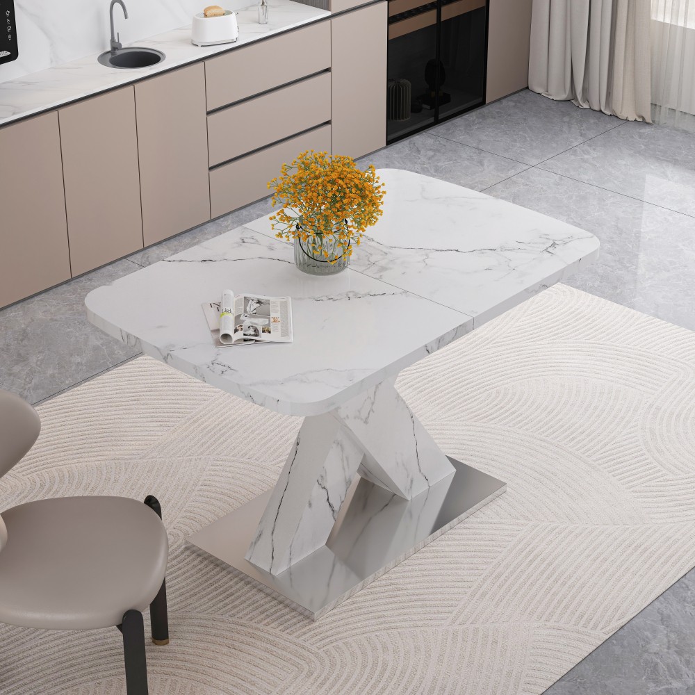 Modern Extending Rectangle Dining Table, Printed White Marble Top, MDF X-Legs