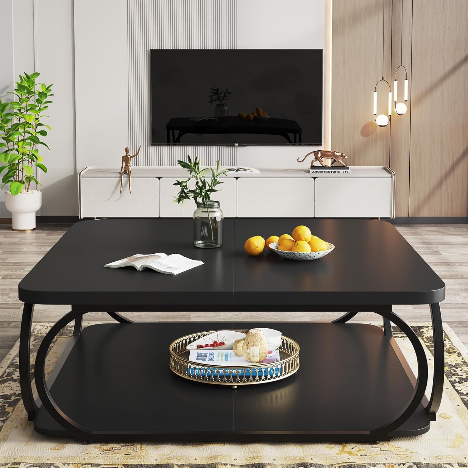 39″ Square Coffee Table with Open Storage Shelf, 2 Tier Large Wood Center Table