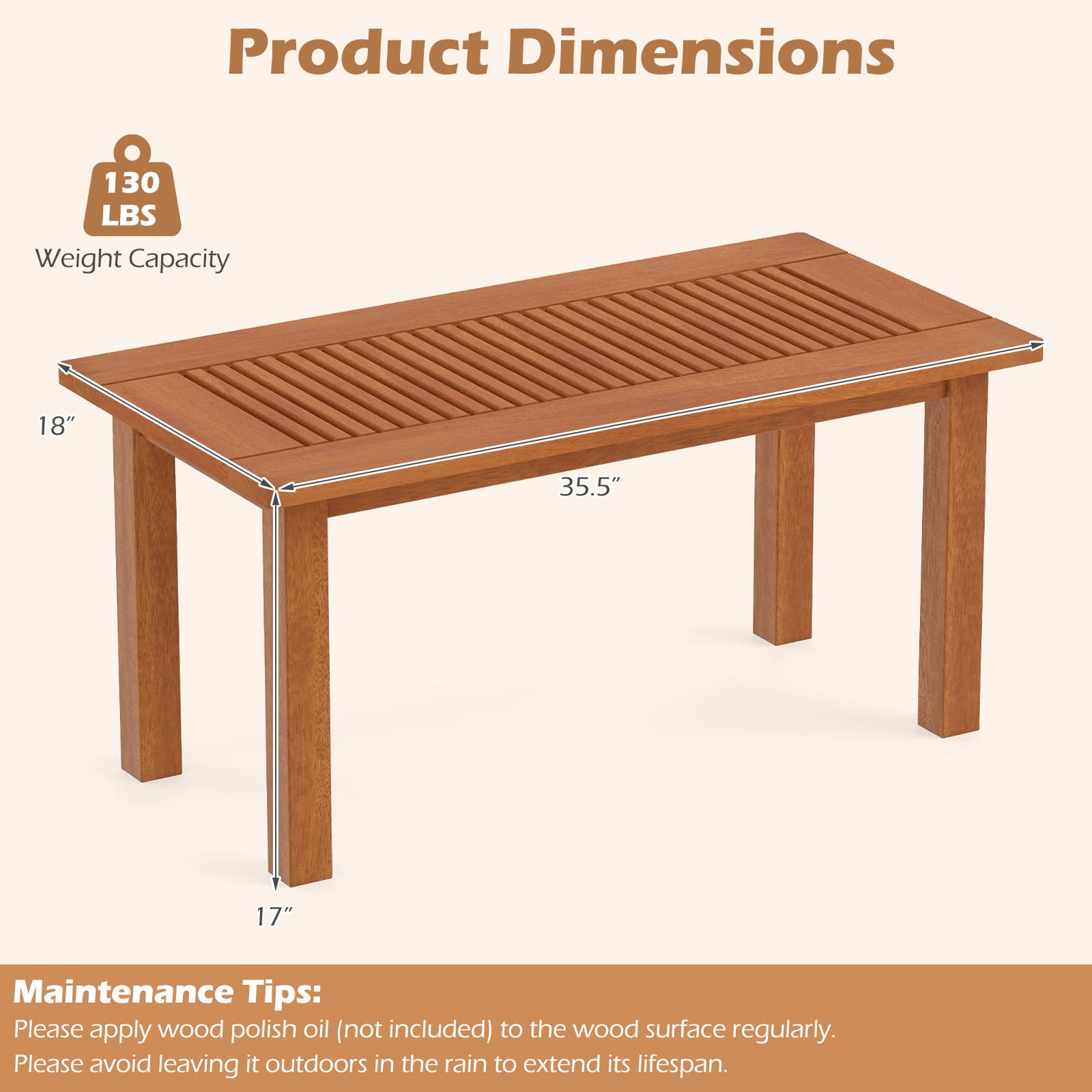 35.5 Inch Outdoor Coffee Table w/Slatted Top, Teak Oil Finish for Deck, Garden
