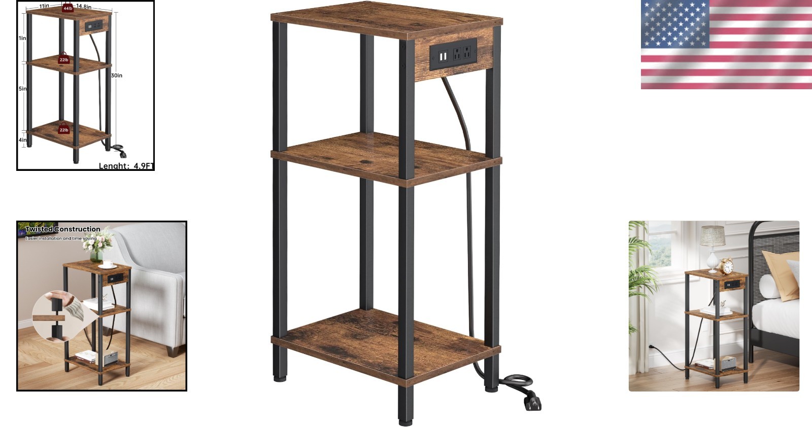 Side Table with Charging Station Narrow End Table Storage Bedside Nightstand