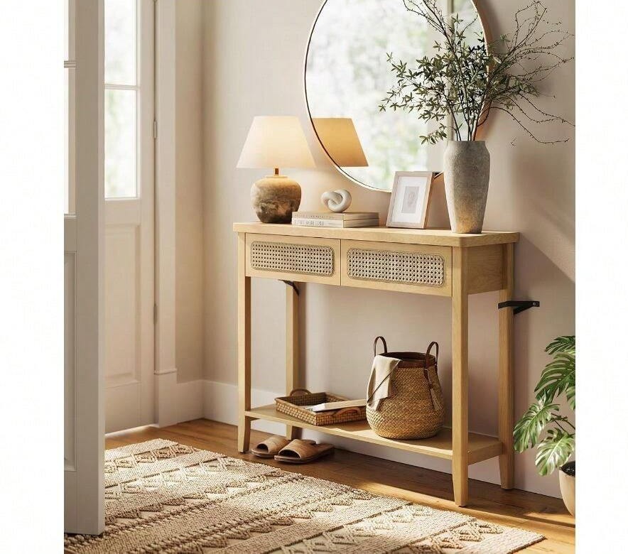 Boho Console Table for Entryway 2 PVC Rattan Drawers Narrow Sofa Table Black