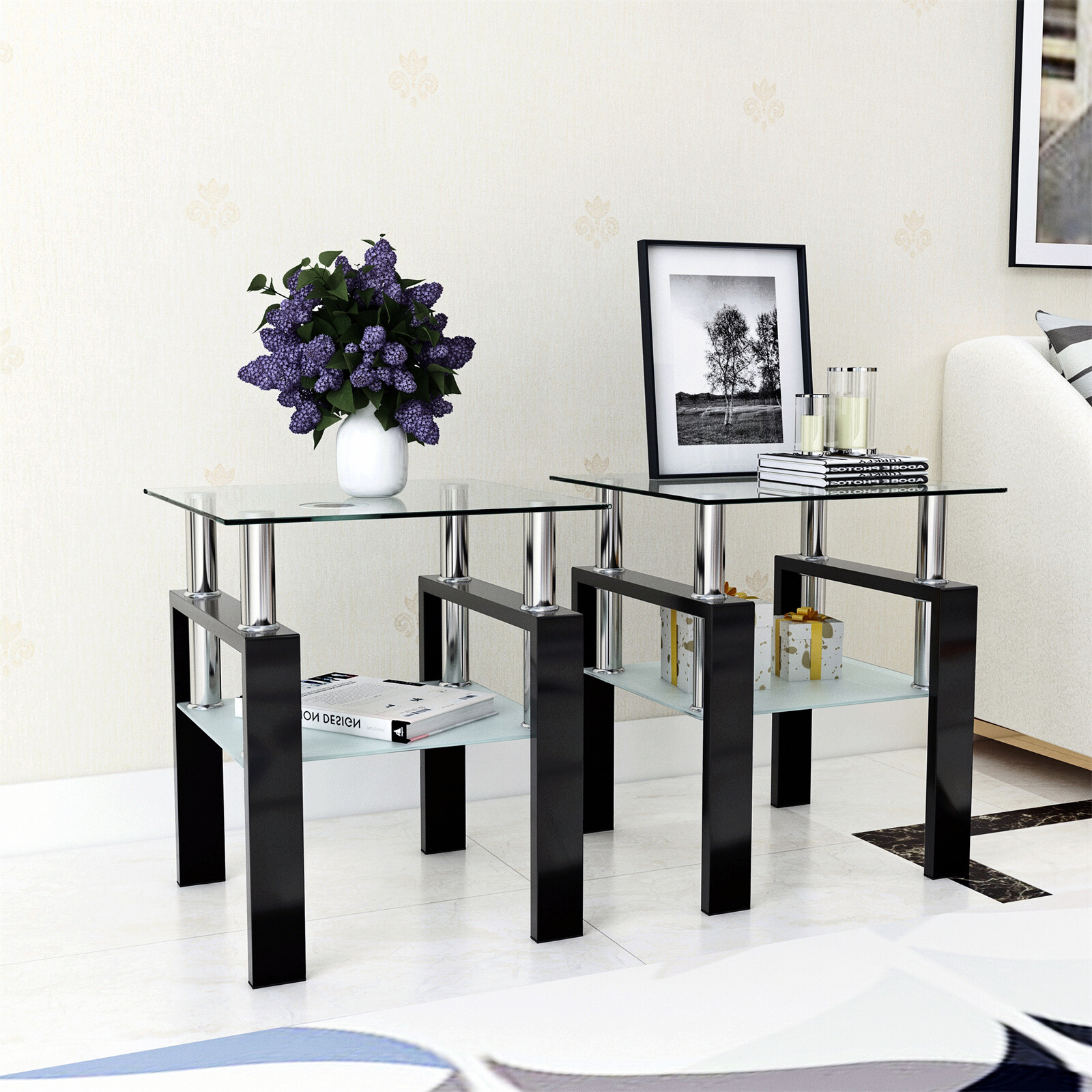 Modern Tempered Glass Set of 2 Coffee Table Tea Table Square Table End Table