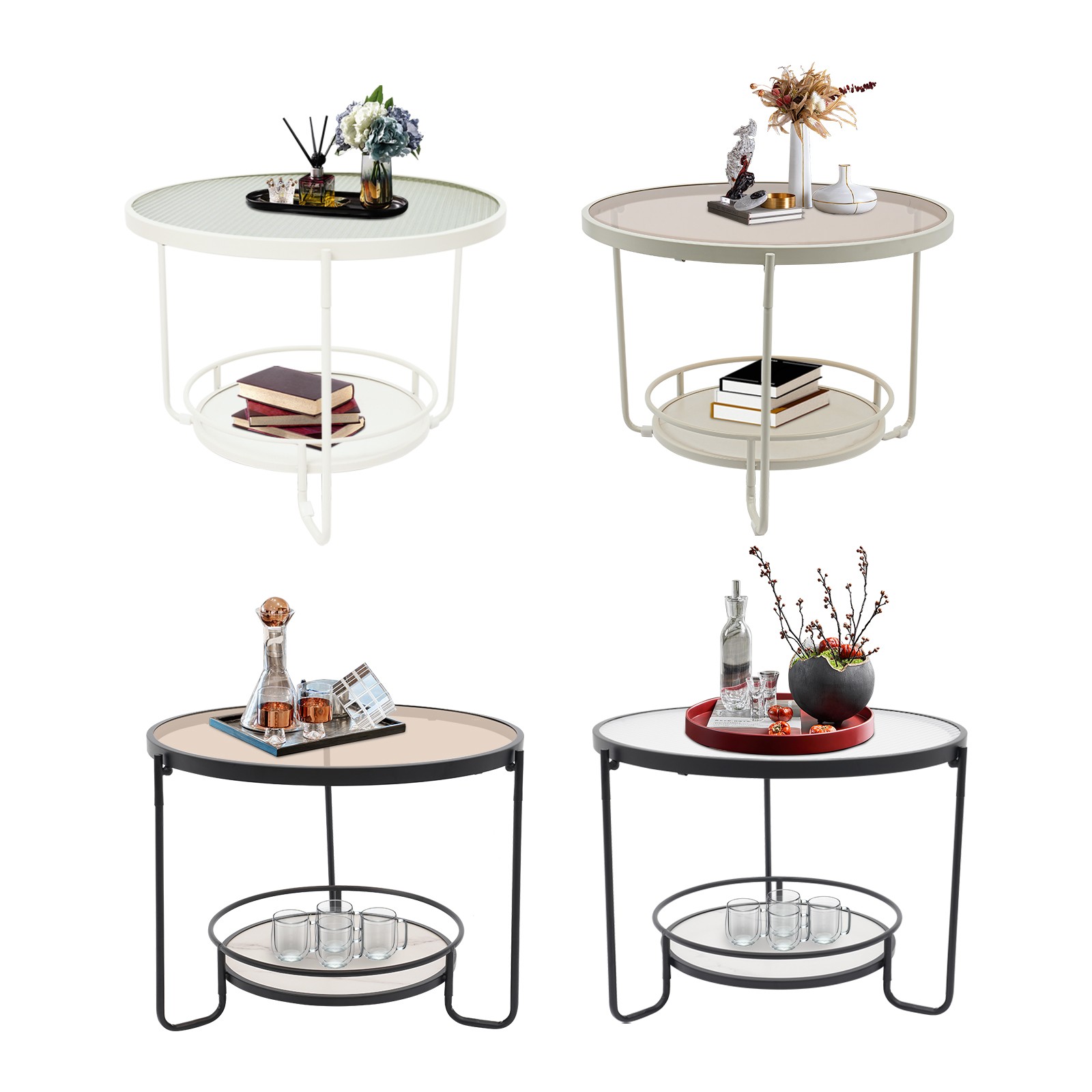Modern Round 2-Tier Side Table – Black/White& Teal/Clear, Tempered Glass 60/40cm