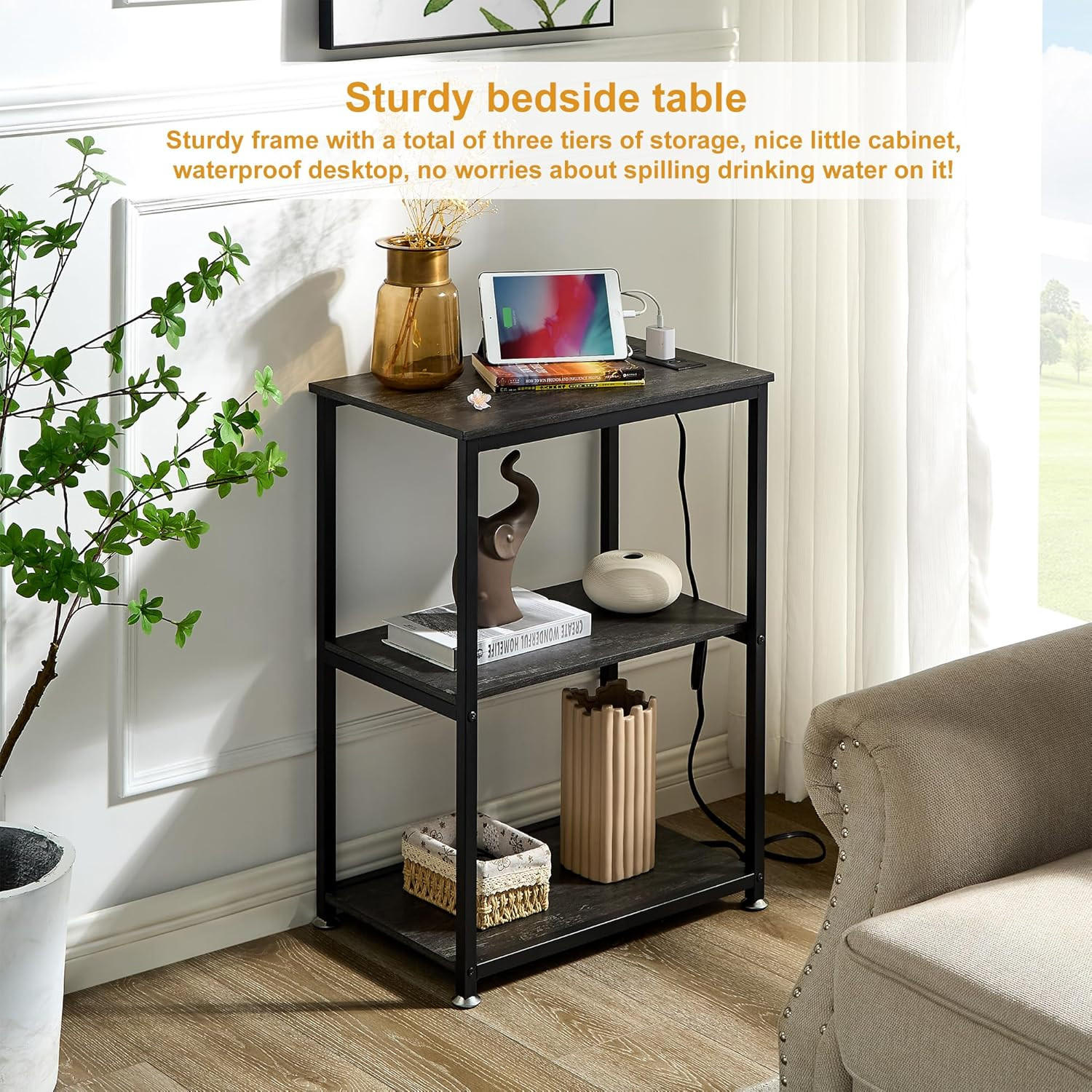 30″ Tall End Table with USB Ports & Outlets, 3-Tier Storage for Any Room