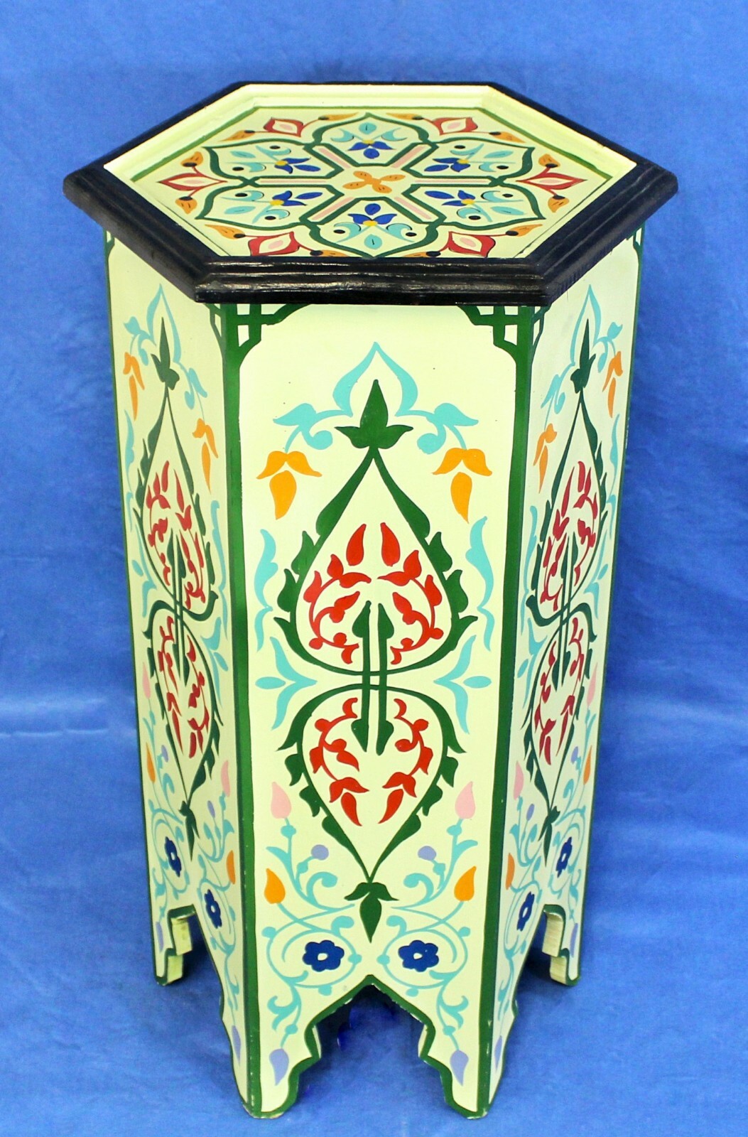 Moroccan Pedestal Table Tall Painted Cream Color Solid Wood Authentic Home Decor