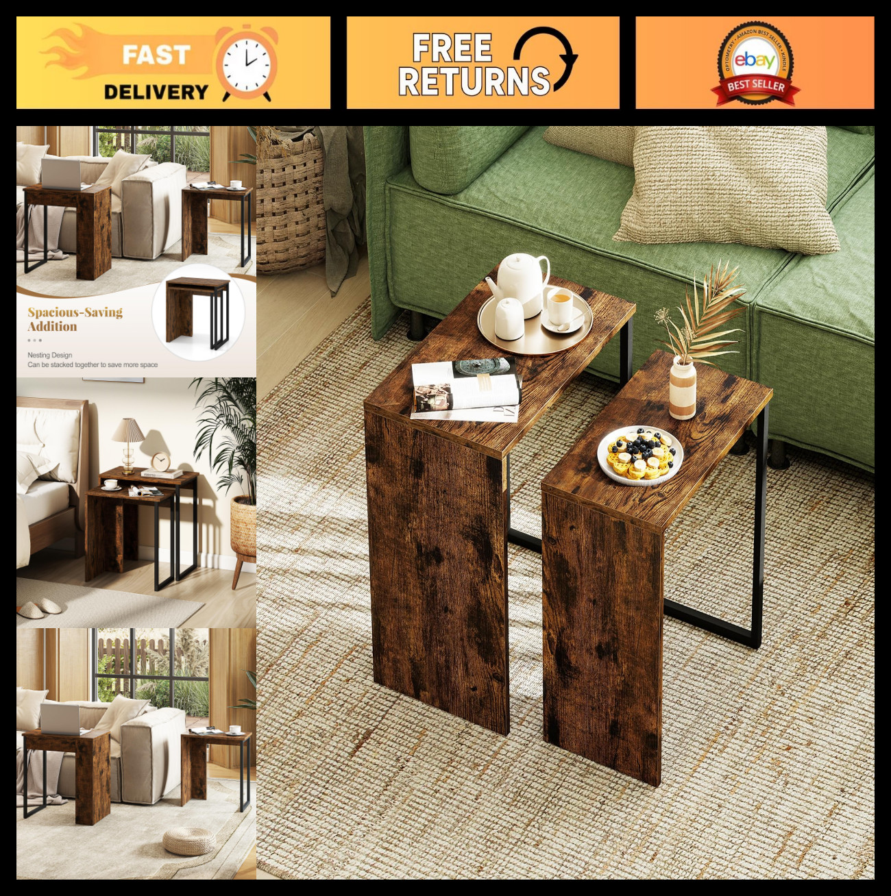 Nesting Coffee Table Set of 2 – Rectangular Stackable Side Tables, Modern Design