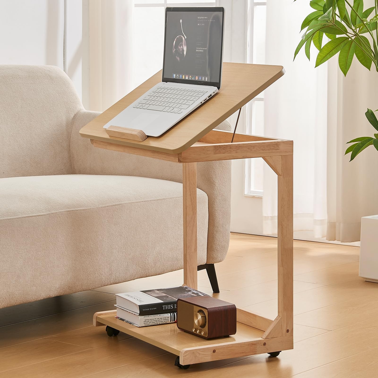 Rolling C Shaped End Table with Wheels – Multi-Purpose Solid Wood Tray Table