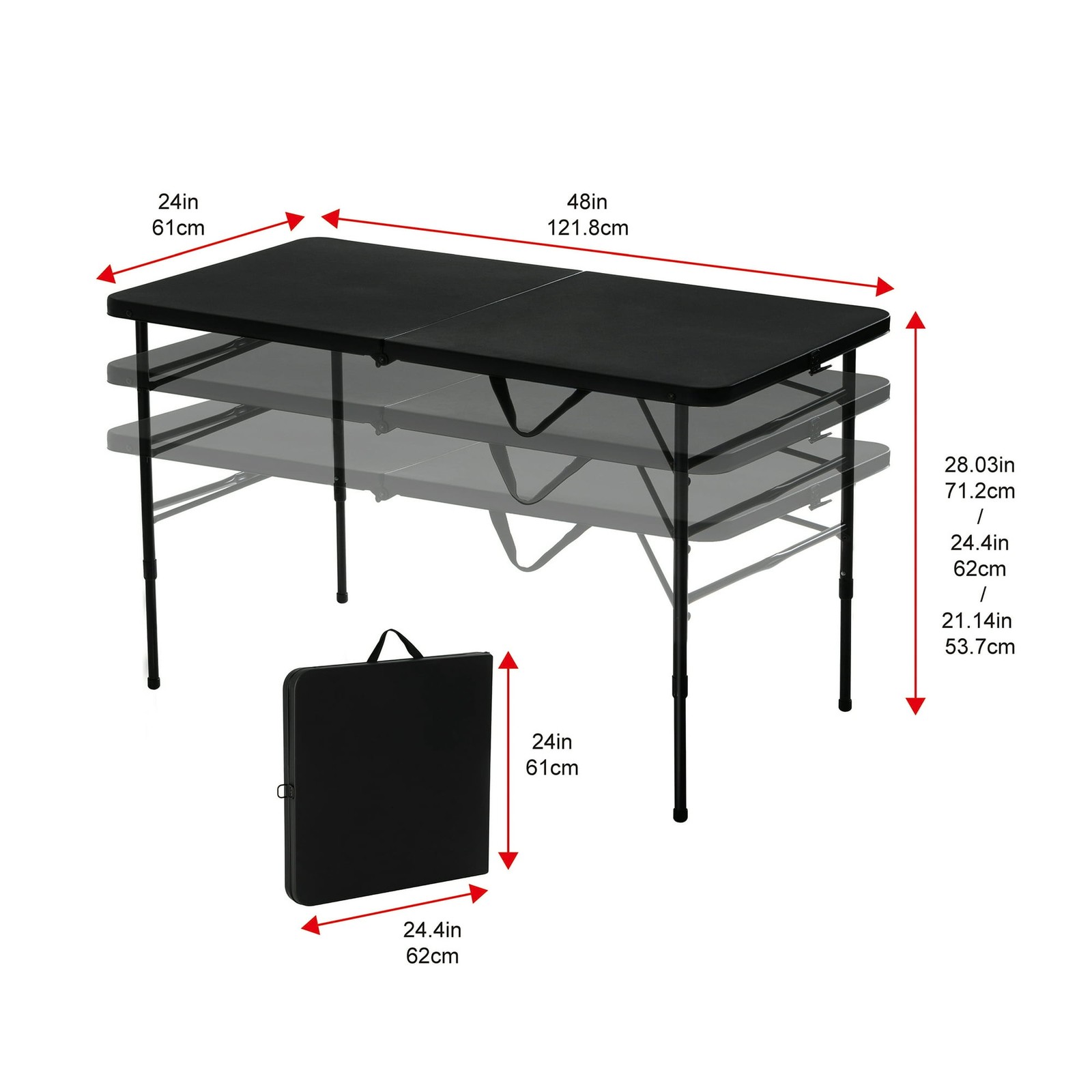 Mainstays 4 Foot Fold-in-Half Adjustable Folding Table Rich Black Portable Desk