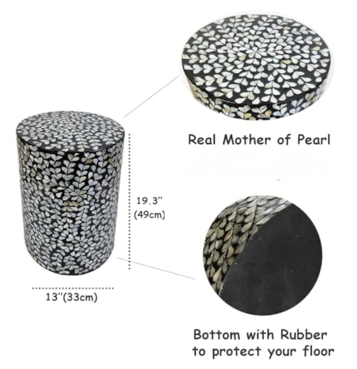 Mother of Pearl Capiz Shell Inlay Round Drum Side Table, Black & White, Floral