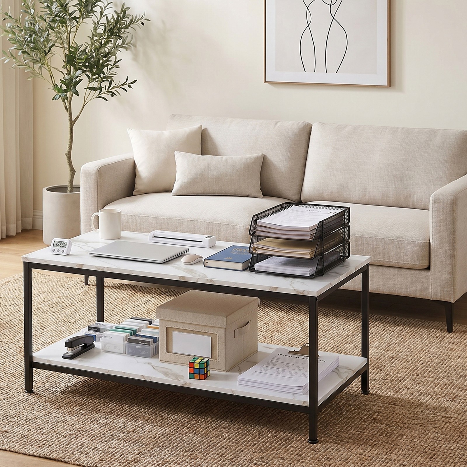 39″ Coffee Tables for Living Room White Center Table & Side Table with Storage