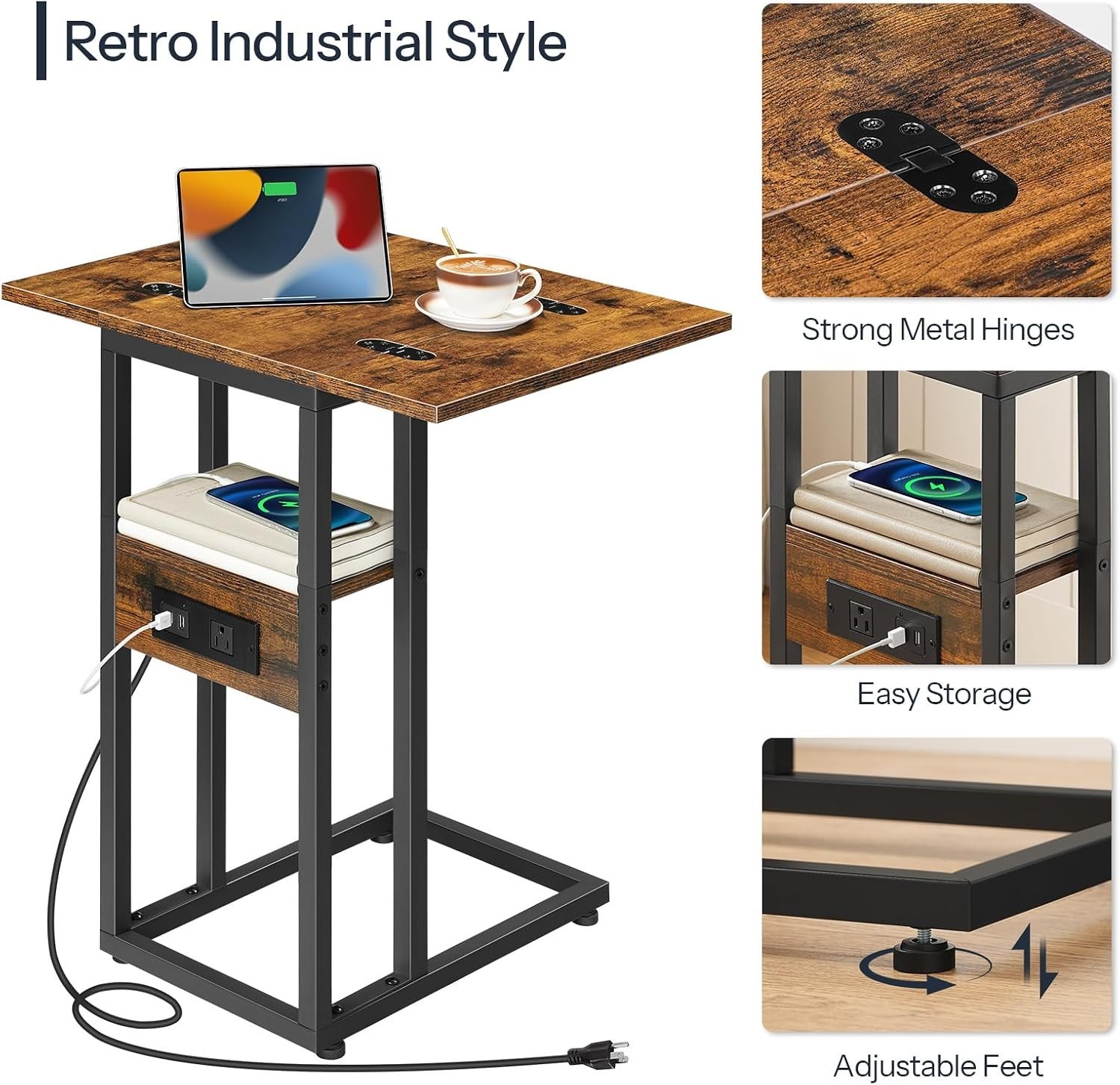 Multi-Functional Rustic C-Shaped Table with Charging Station for Modern Living
