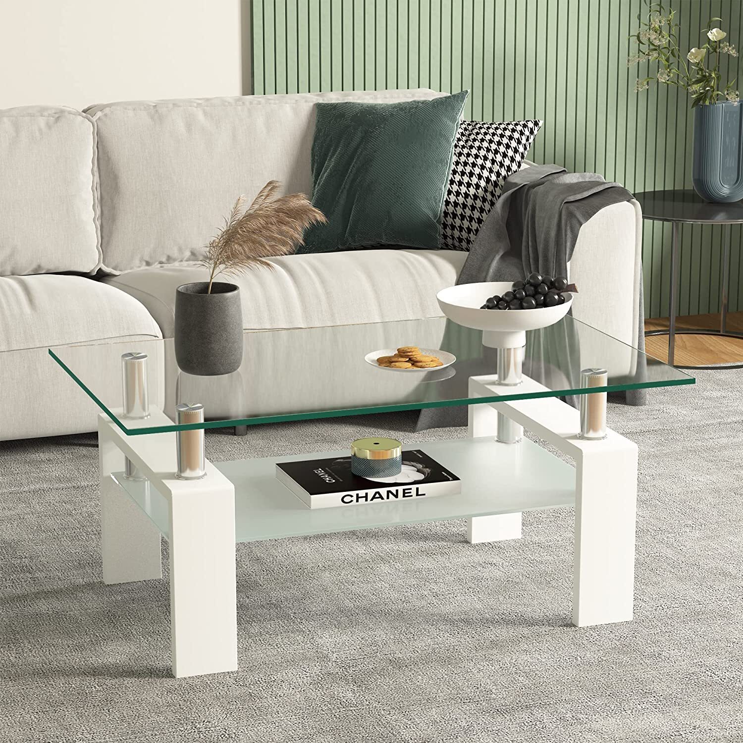 Modern Side Center Tables Rectangle Coffee Table Glass Living Room With Shelf