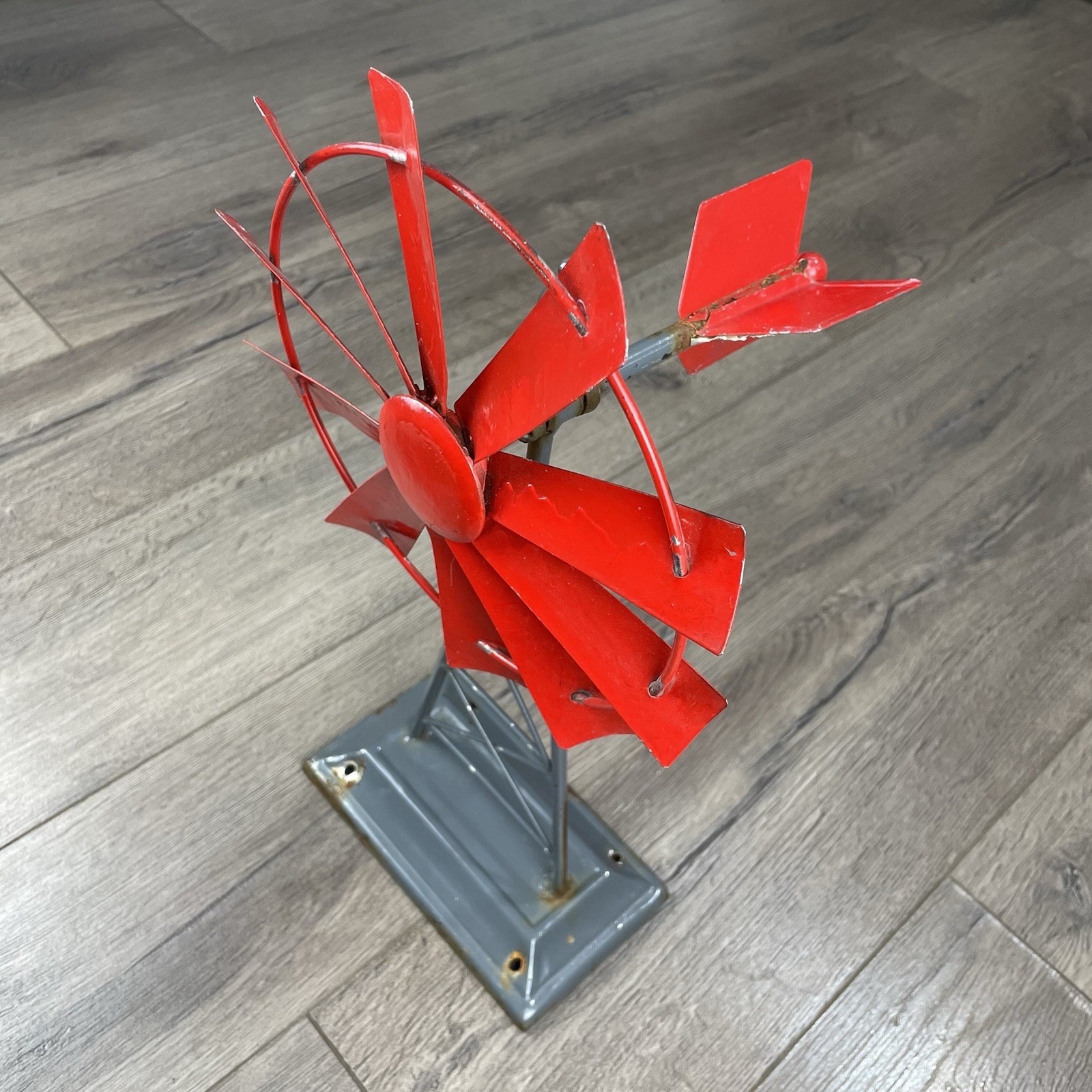Vintage Small Metal Red Table Top Windmill Tower 8.5” Blade About 16” Tall