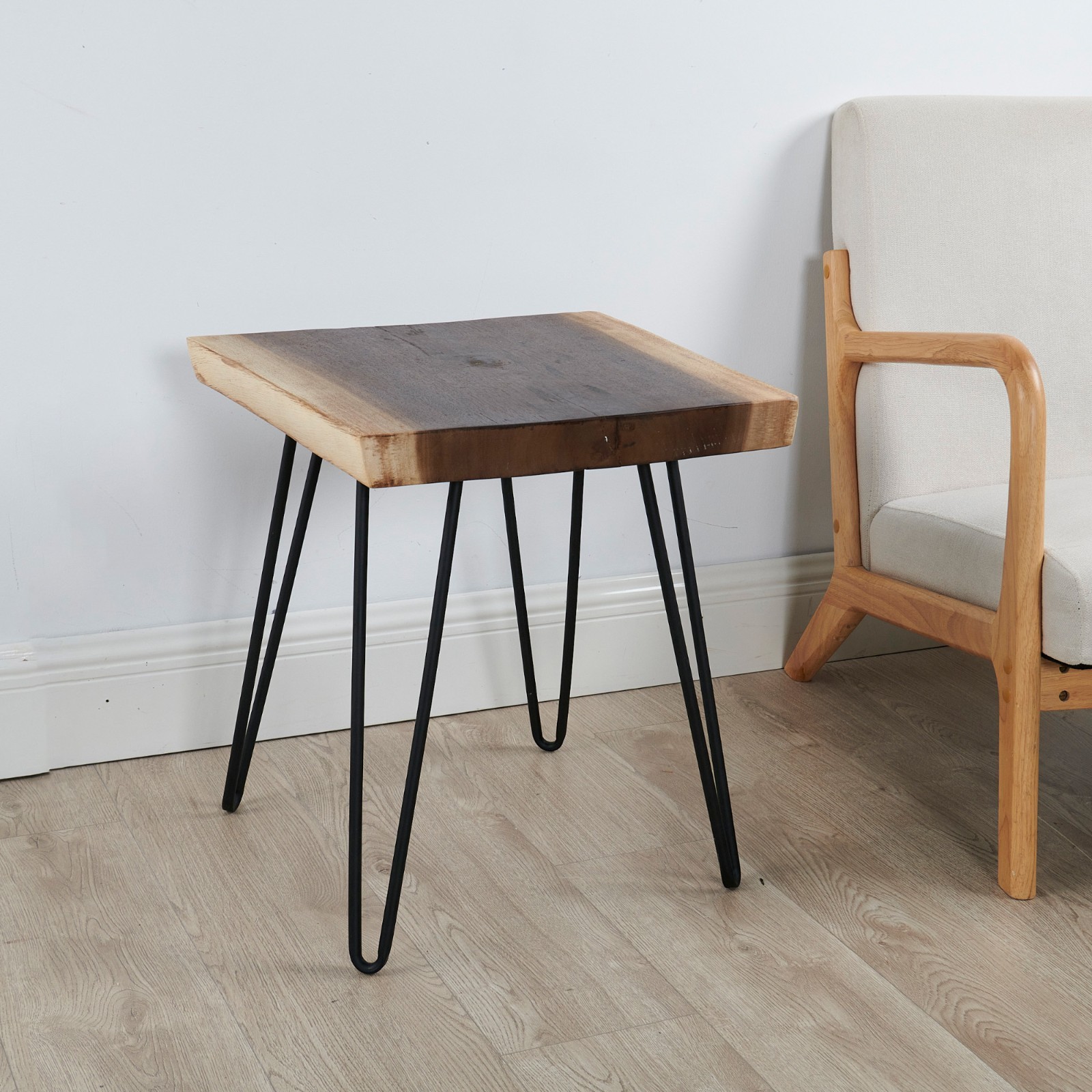 Natural Teak Wood Square End Side Table with Hairpin Legs 20.9″ H Home Decor