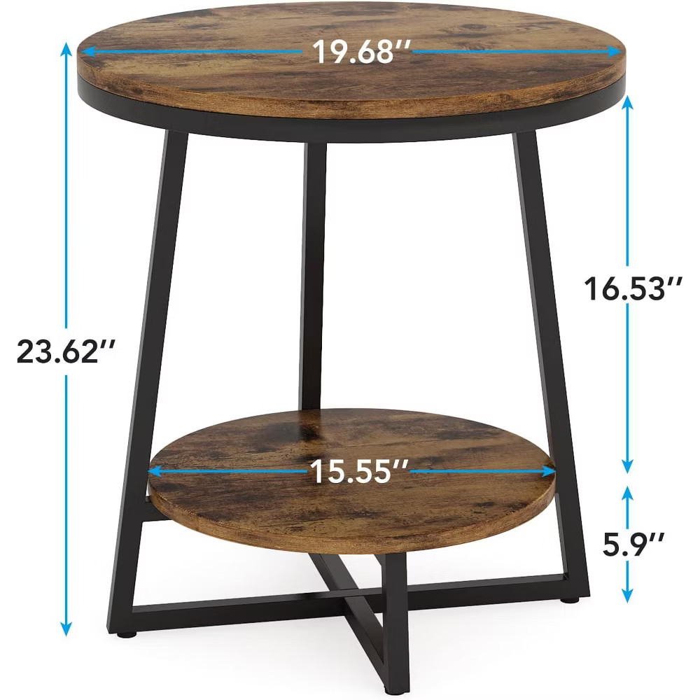 Tribesigns 2pcs 2-Tier Round Side Table with Storage Shelf, Rustic Brown