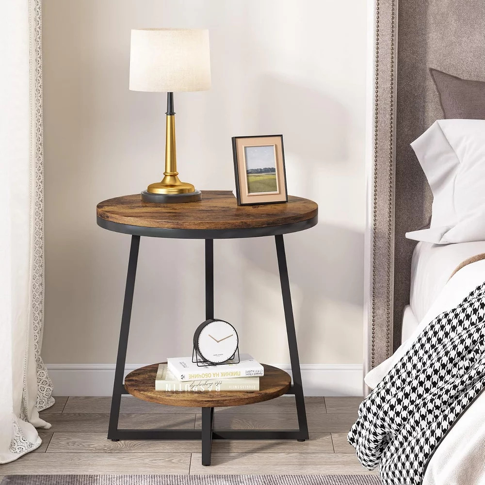 Tribesigns 2pcs 2-Tier Round Side Table with Storage Shelf, Rustic Brown