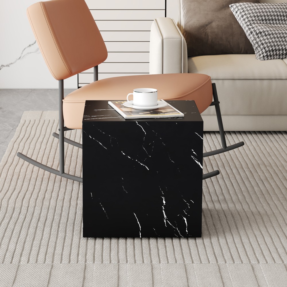 Modern Black Cube Coffee Table 15.7in, MDF Marble Texture End & Sofa Side Table