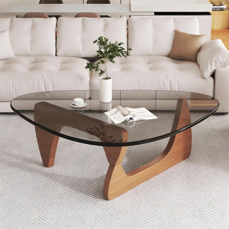 Mid Century Modern Glass Coffee Table 35.8 x 25.6 x 15.7 in Walnut Wood Top