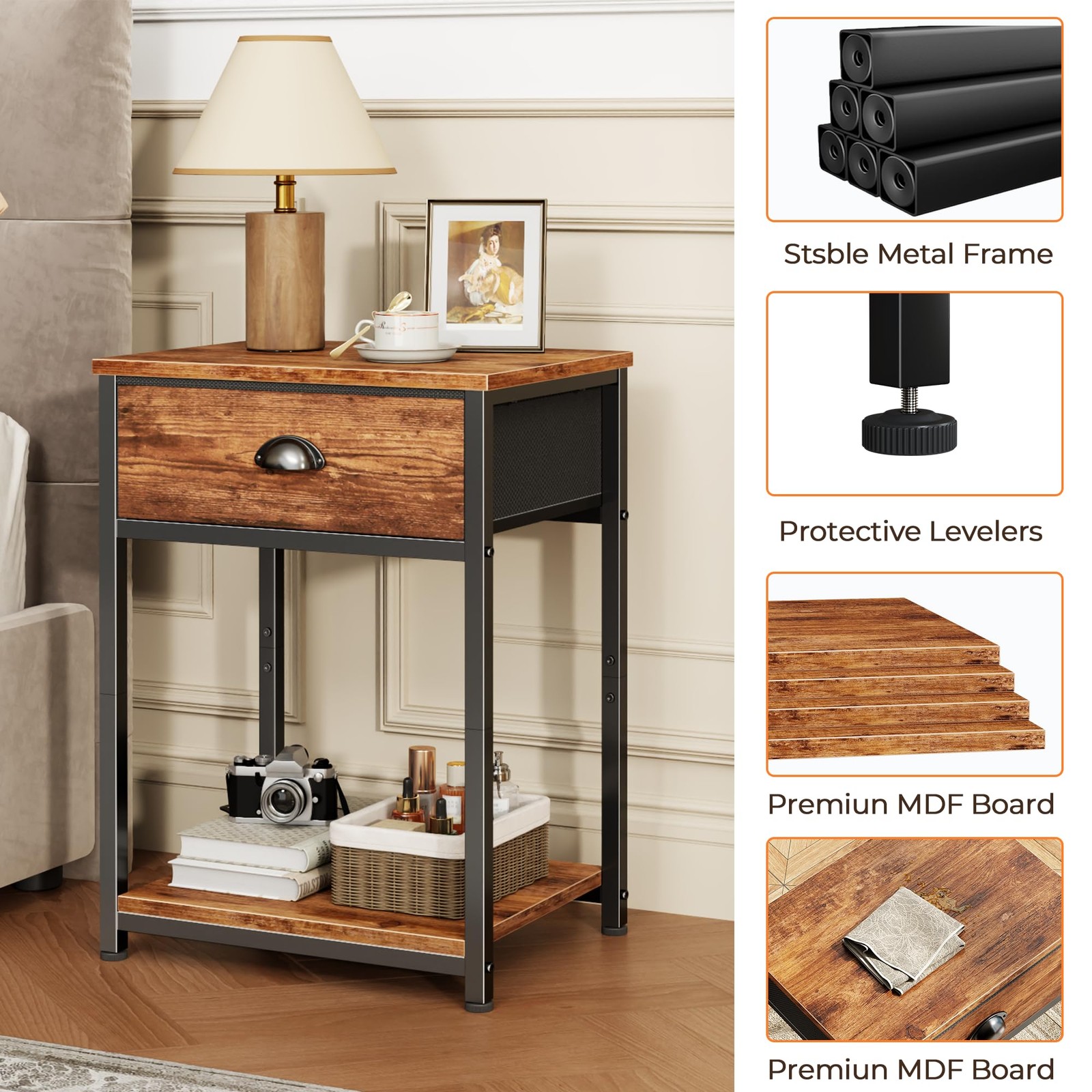 Nightstands Set of 2, Night Stand with Fabric Drawer and Storage Shelf, Retro Be