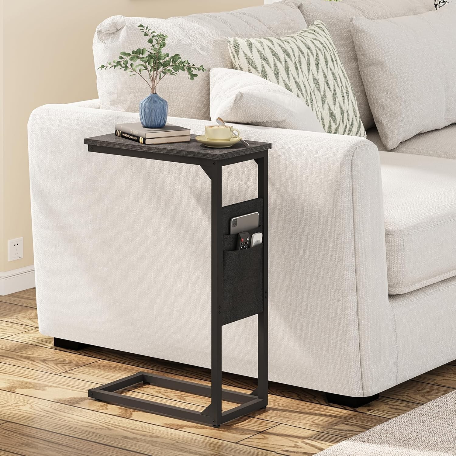 Bamboo C Shaped End Table, 360° Rotatable TV Tray for Couch, Adjustable Heigh…
