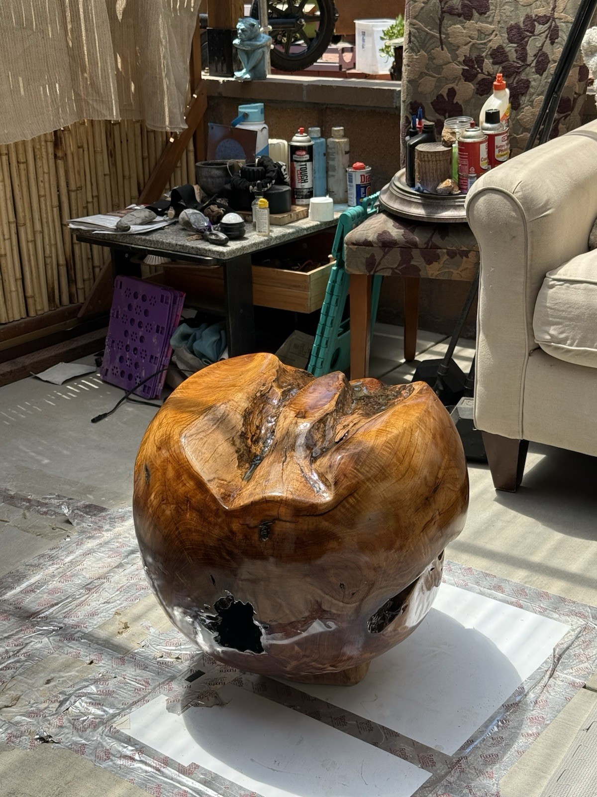 Teak Burl Epoxy Glass Top Side Table Handmade Floating Base Modern 22.5”H
