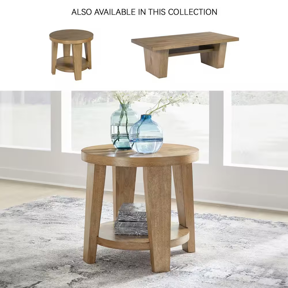 Kristiland 26 In. Brown round Wood End Table with Storage and Shelves