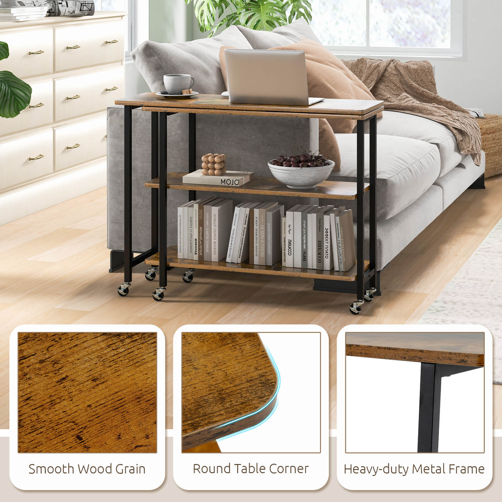 360° Rotatable Sofa Side Table L-shaped Laptop Desk Snack Table w/Shelf Patented