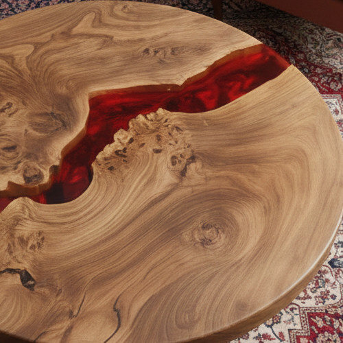 12″ Red Resin River Table Round Live Edge Wood Coffee Table Lava Flow Epoxy Art
