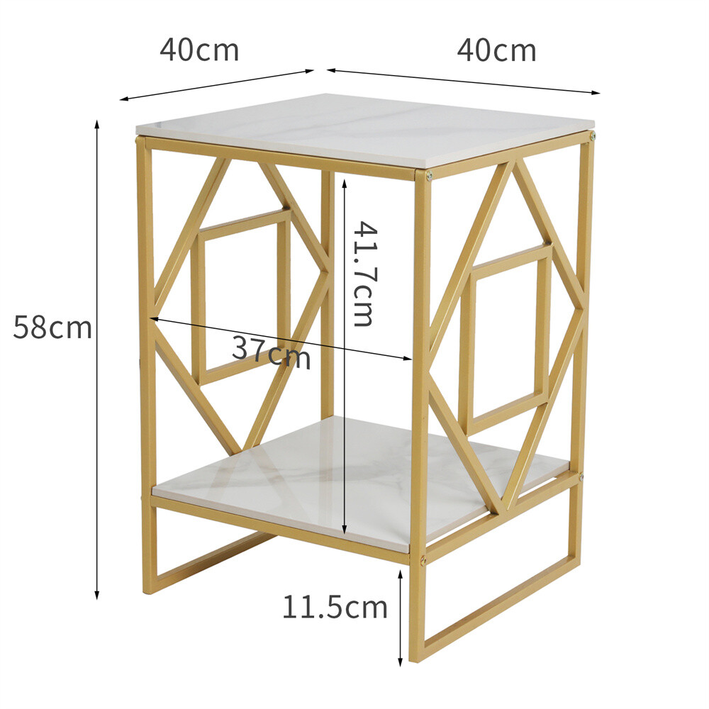 2 Tier Bed Side Accent Marble Table Living Room End Table Glossy Gold Nightstand