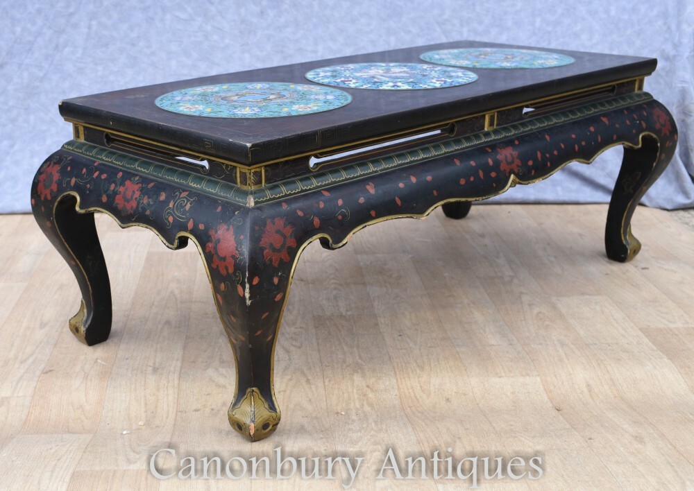 Chinese Lacquer Coffee Table – Cloisonne Porcelain Plaques