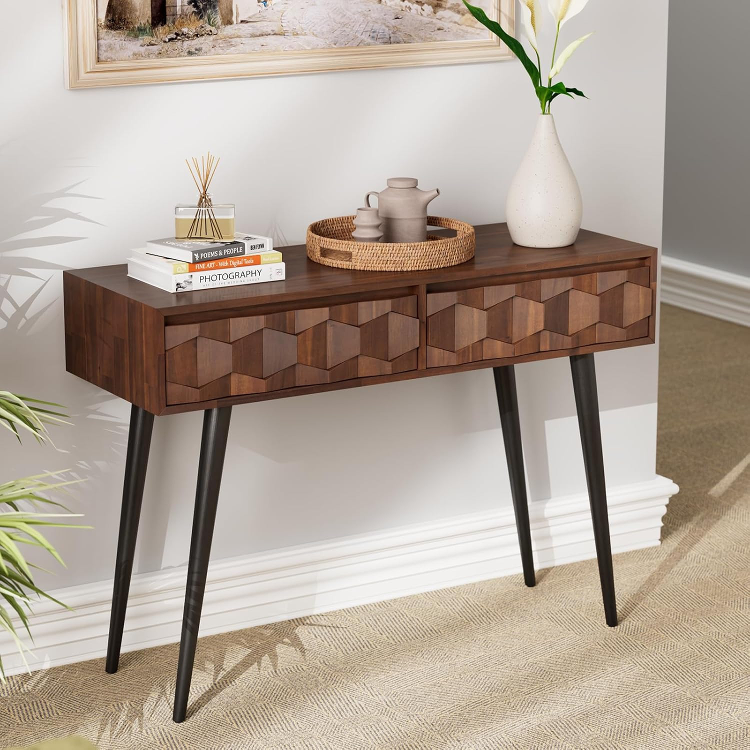 Mid-Century Walnut Console Table with 2 Drawers & Unique Geometric Design