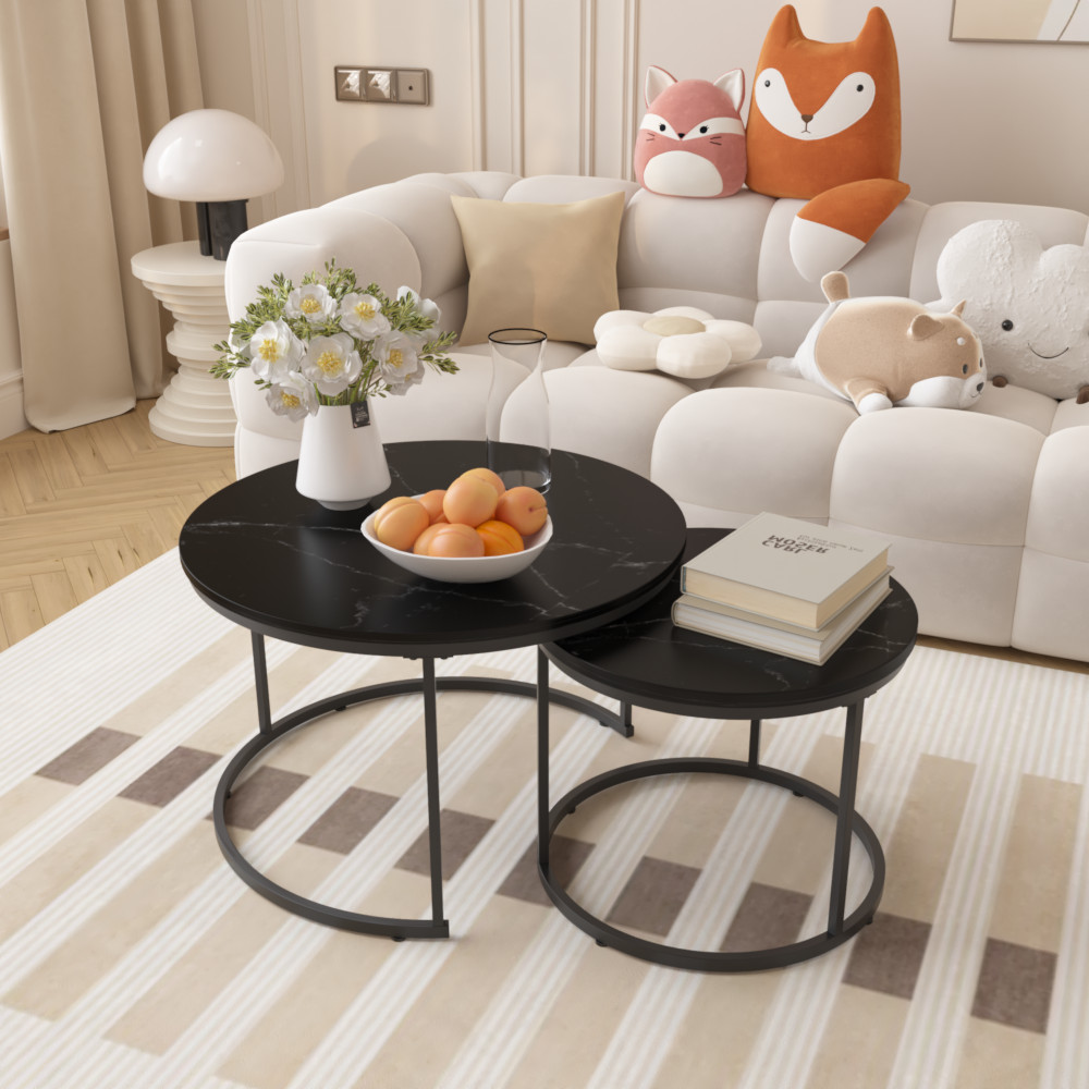 Nesting Coffee Table Set of 2, Round Marble Top with Metal Frame, White