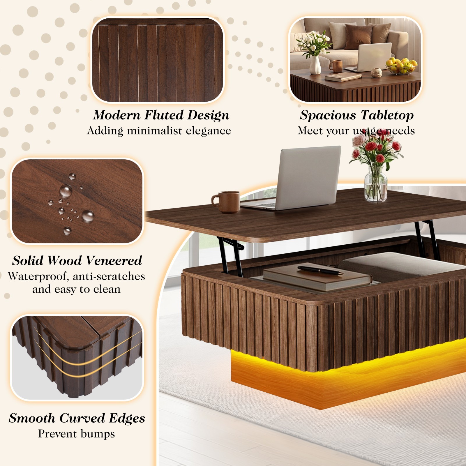 Fluted Lift Top Coffee Table with Charging Station & Storage Modern Coffee Table
