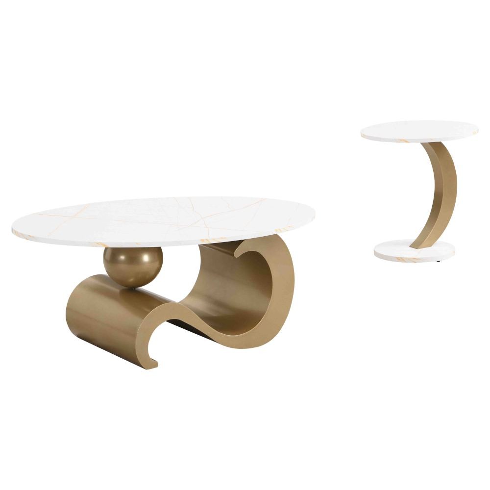 Nesting Coffee Table Set of 2 Oval Round Side End Tables Golden MDF Metal Frame