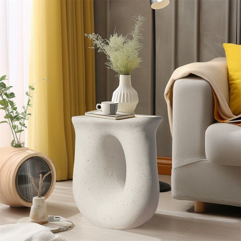 Outdoor Lightweight Concrete Side Table Garden Stool Terrazzo Plant Table White
